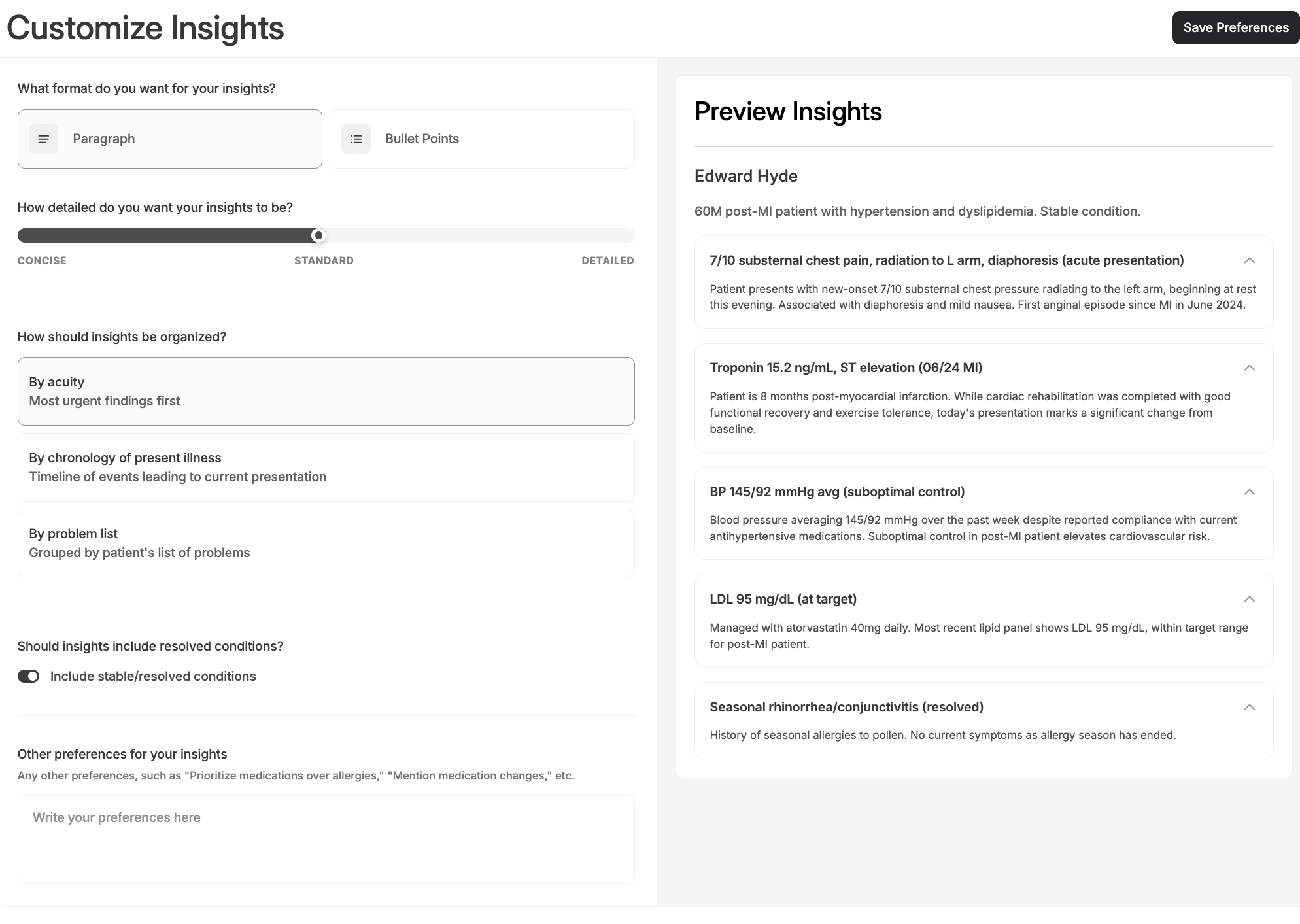 Customize Insights panel with a live preview